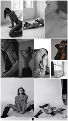 black and white photographs of women in different poses, with one woman sitting on the floor