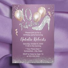 a purple and silver birthday party card with high heeled shoes, balloons and confetti