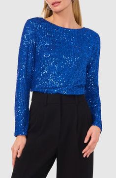 Dazzling sequins cover this longline night-out top punctuated with a dipped back. 24" length (size Medium) Partially lined Bateau neck Long sleeves 95% polyester, 5% spandex Machine wash, line dry Imported Night Out Tops, Twilight Blue, Bateau Neck, Long A Line, Night Out, Sequin, Top Brands, Top Blouse, Nordstrom