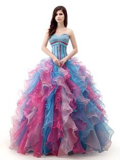 Special Occasion Dresses Rainbow Gown, Gown Neckline, Cheap Quinceanera Dresses, Blue Ball Gowns, Ruffle Beading, Quinceanera Dress, Wedding Dresses Beaded, Custom Size Dresses, Sweet 16 Dresses