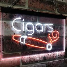 a neon sign hanging from the side of a brick wall that says cigars on it