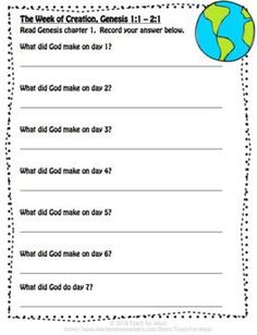 worksheet for the week of creation, 1 - 12 with answers and pictures