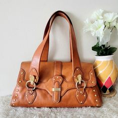 Authentic Guaranteed Good Pre Loved Condition As A Vintage General Sign Of Use By Ages Gives Some Character To The Bag Soiling In Lining As Shown Please Check The Pics Camel Color Leather, Golden Studs 15 X 8.5 X 4 Inch Collectible, Rare Find Very Cool Looking Bag Boho Chic Bohemian Vintage Bag Always Welcome Bundle Check List! Nicoboho Studded Handbag, Michael Kors Shoulder Bag, Chic Bohemian, Vintage Bag, Camel Color, Vintage Bohemian, Vintage Bags, Michael Kors Bag, Bags Handbags