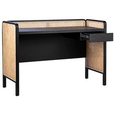 an office desk with a rattan top and black finish on the bottom, against a white background