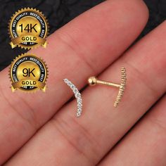 Sold in a Single Piece Material: 14K Solid Gold (Stamped 14K for Purity Authenticity) 5A Grade Cubic Zirconia Gemstones  Size: Bar Thickness: 16 gauge(1.2mm) Bar Length: 6mm Screw back ball: 3mm 14K Solid Gold Lined CZ Curve Cartilage Earring Stud/ Inner Conch Piercing/Helix earring/curved bar piercing/Tragus Rook Earlobe Studs/Mother's day/Mother's day jewelry gift/Christmas gift/Valentine's Day Gift/bridesmaid gifts/Minimalist Jewelry/Minimalist earrings/Dainty Jewelry/light weight earring Bri Inner Conch Piercing, Inner Conch, Bar Piercing, Nose Piercing Stud, Barbell Earrings, Piercing Tragus, Cartilage Earrings Stud, Helix Earring, Ear Piercings Cartilage