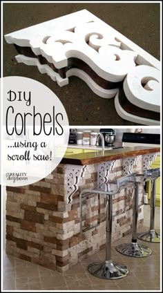 an image of a bar made out of bricks and stone with the words diy corbels using a scroll saw