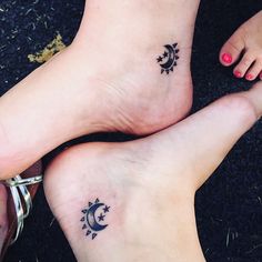 two people with matching tattoos on their feet