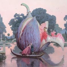 a man and woman are riding on a boat made out of an onion