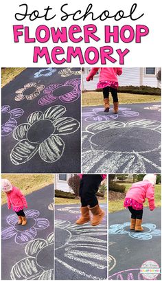 a collage of photos with the words flower hop memory written in chalk on it