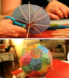 two pictures one shows an umbrella and the other shows someone using scissors to cut paper