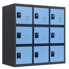 four rows of blue lockers sitting next to each other