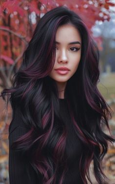 Color For Long Hair Brunettes, Jet Black Hair Color Ideas Pale Skin, Funky Dark Hair Color, Dark Hair Vivid Colors, Different Dyed Hair Styles, Haircolour Ideas Color Trends, Purple Balayage Hair Brunettes, Dark Hair With Pops Of Color, 2024 Dark Hair Trends