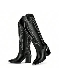 [ SIZE ]: Heel height is  8cm/3.15"
[ MATERIAL ]: Women's knee-high cowboy boots wide calf feature durable rubber soles and soft insoles, providing ample support and comfort for the feet. The lining is breathable and soft, suitable for wearing in every season.
[ DESIGN ]: The fashionable knee high cowboy boots for women feature unique Western embroidery and pointed design, restoring the classic style of denim boots. Our cowboy boots for women with metal toe have added a metal design on the toe, perfectly blending classic and fashionable elements to attract attention from others.The white cowgirl boots women is designed to be knee high, which is very suitable for elongating legs and giving you a different experience.
[ OCCASION ]: Our tall cowgirl boots for girls with heel are suitable for Trendy Embroidered Winter Boots, Embroidered Pointed Toe Boots For Fall, Casual Black Embroidered Boots, Black Western Heeled Boots For Winter, Black Embroidered Boots With Round Toe, Black Embroidered Leather Boots, Tall Cowgirl Boots, Tall Western Boots, High Cowboy Boots