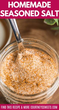 homemade seasoned salt in a glass jar with a spoon on the side and text overlay that says homemade seasoned salt