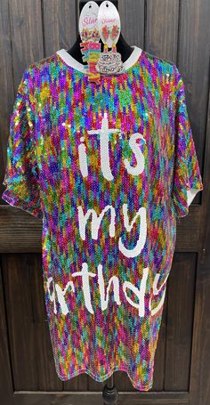 It's My Birthday Rainbow Sequin Dress Gogo Aesthetic, Rainbow Sequin Outfit, Cute Rainbow Birthday Dress, Sequin Rainbow Dress, It’s My Birthday Sequin Dress, Short Dresses Classy, Rainbow Sequin Black Dress, Night Party Dresses, Satin Dress Short