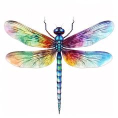 a colorful dragonfly sitting on top of a white surface with its wings spread out