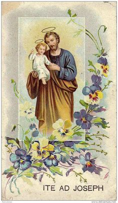 an image of jesus holding a child in his arms with flowers around him and the words, it's ad joseph