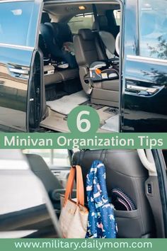 the interior of a minivan with text overlay that reads 6 minivan organization tips