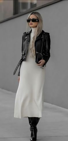 Trench And Dress Outfit, Colorado Outfits November, Modern Muse Outfit, Leather Jacket On Dress, Upscale Dinner Outfit Classy, Winter In Dc Outfits, Fall Fashion Looks 2024, Autumn Outfits Leather Jacket, Styling A Long Dress