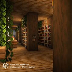 an empty library with bookshelves and plants on the walls in minecraft style