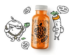 an orange juice bottle sitting on top of a white table next to cartoon drawings and doodles