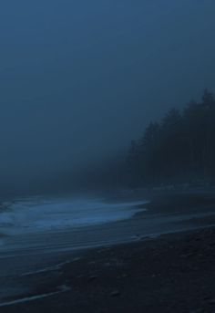 a foggy night at the beach with waves crashing on the shore and trees in the distance