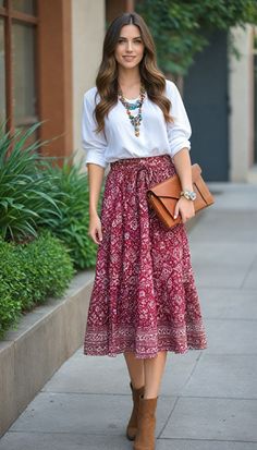 Blend boho with office chic in a midi skirt, boho blouse, statement necklace, and ankle boots. Workday style with a boho touch! #BohoOffice #MidiSkirt #WorkFashion #BohoChic #OfficeStyle #ootd #fashion #outfits Boho Chic Professional Outfits, Boho Office Clothes, Stylish Conservative Outfits, Boho Business Casual Outfits, Boho Outfits For Work, Modest Skirts Outfits, Girly Feminine Outfits, Boho Chic Work Outfit, Boho Work Outfit Business