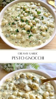 two bowls filled with creamy garlic and pesto gnocchi sauce on top of each other