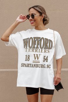 Whether you're cheering on your team from the sidelines or enjoying the festivities at the tailgate, our Wofford College Terriers Unity Oversized Crewneck Teeis sure to keep you looking and feeling fabulous all season long. Join the fashion game and make every game day unforgettable! Wofford College, Oakland University, Lehigh University, From The Sidelines, Vanderbilt Commodores, West Lafayette, Oversized Crewneck, Blackest Knight, Spring Collection