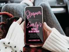 a person holding up a cell phone with the text happy's 10th birthday on it