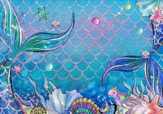 a painting of mermaids and fish in the ocean with bubbles, stars and bubbles