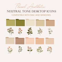 neutral tone desktop icons with mac and windows flowers, leaves, plants in pastel tones