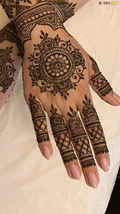 a woman's hand with henna tattoos on it and her hands showing the intricate design