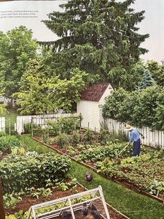 an open book showing a garden with lots of plants and people working in the yard