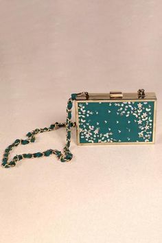 Shop for Mandira Wirk- Accessories Floral Box Clutch With Sling Online at Aza Fashions Mandira Wirk, Luxury Sale, Box Clutch, Floral Accessories, Sequin Beading, Green Bead, Festival Wear, Clutch Handbag, Aza Fashion