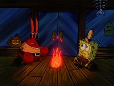 two cartoon characters sitting around a fire in the middle of a wooden floored room