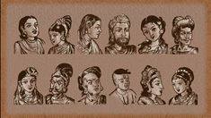 an old drawing of people with headscarves and hair in different styles, from the earliest to the present day