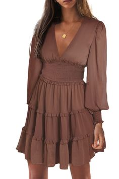 Brown Frill Smocked Detail Sheer Long Sleeve Dress Chic Fitted V-neck Smocked Dress, Casual Tiered Chiffon Mini Dress, V-neck Mini Dress With Smocked Back For Casual Wear, Brown Smocked Back Dress For Brunch, Long Sleeve Ruched Smocked Dress For Day Out, Chiffon Tiered Dresses For Fall, Casual Pleated Mini Dress For Fall, Tiered Chiffon Dresses For Fall, Casual Ruched Chiffon Dress