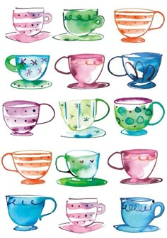 many different colored cups and saucers on a white background