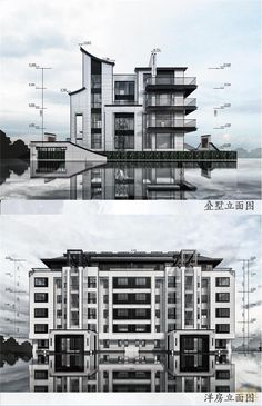 two different views of the same building with windows and balconies on each floor