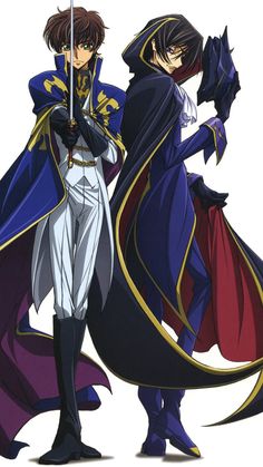 two anime characters standing next to each other with swords in their hands and one holding an umbrella