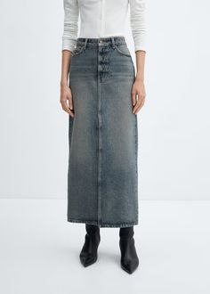 Long denim skirt - Women | Mango USA Mid-rise Denim Skirt With Pockets, High-rise Cotton Denim Skirt With Five Pockets, High-rise Cotton Denim Skirt For Work, High Rise Cotton Denim Skirt For Work, Straight Leg Denim Skirt With Pockets For Work, Long Denim Skirt With Pockets For Work, Long Cotton Denim Skirt For Work, Mid-rise Cotton Skirt For Workwear, Everyday Denim Skirt With Pockets