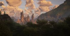 an image of a castle that is in the sky with clouds above it and trees below