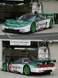 two pictures of a green and white race car parked in front of a garage door