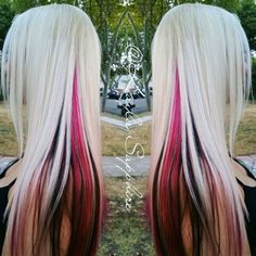 Platinum Pink And Black Hair, Platinum Blonde Hair With Hot Pink, Blonde With Colored Extensions, Platinum Blonde Hair With Pink Tips, Blonde Hair With Pink And Black Streaks, Hot Pink And Platinum Hair, Long Blonde And Pink Hair, Pink Tips On Blonde Hair, Blonde Pink Black Hair