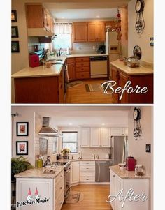 before and after pictures of a kitchen remodel with white cabinets, wood flooring and stainless steel appliances