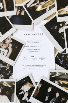 many polaroid photos are arranged on top of each other with the words marc jacobs