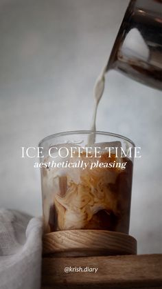 someone pouring coffee into a cup with noodles in it and the caption ice coffee time aesthetically pleasing