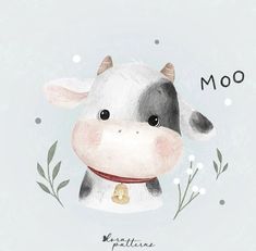 a watercolor painting of a cow with flowers around it's neck and the words moo written below