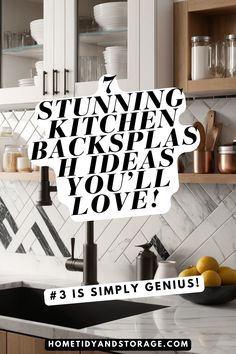 a kitchen with white cabinets and marble counter tops, the words'stunning kitchen backsplash ideas you'll love '